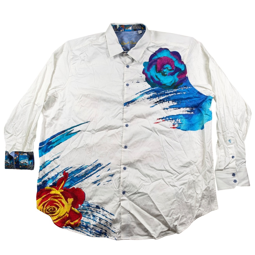 Robert Graham Button Down Shirt Mens 3XLT White Floral Embroidery Graphic Back